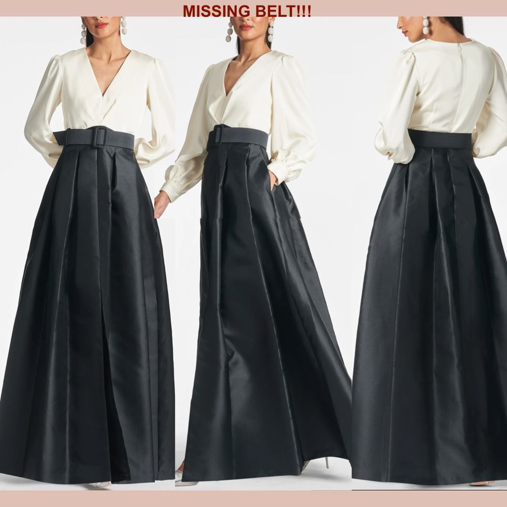 NWD $895 Sachin & Babi [ 20W ] Zoe V Neck Box Pleat Ball‎ Gown Ivory Black - Picture 2 of 14